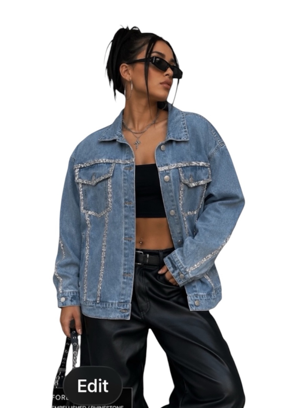 NWT Forever 21 Rhinestone Trim Oversized Denim Jacket Y2K Streetwear Sz 1X